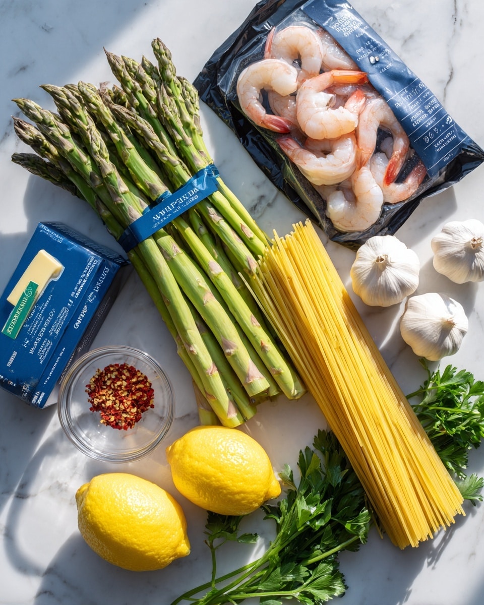 The image shows fresh green asparagus stalks bundled with blue bands, a black package of large pink shrimp with a label, two bright yellow lemons, a bunch of fresh green parsley, three garlic cloves with a smooth white bulb, a small clear glass bowl with red pepper flakes, a pale stick of butter with green text on the paper, and a blue box of spaghetti pasta. All items are arranged on a white marbled surface with natural light. photo taken with an iphone --ar 4:5 --v 7