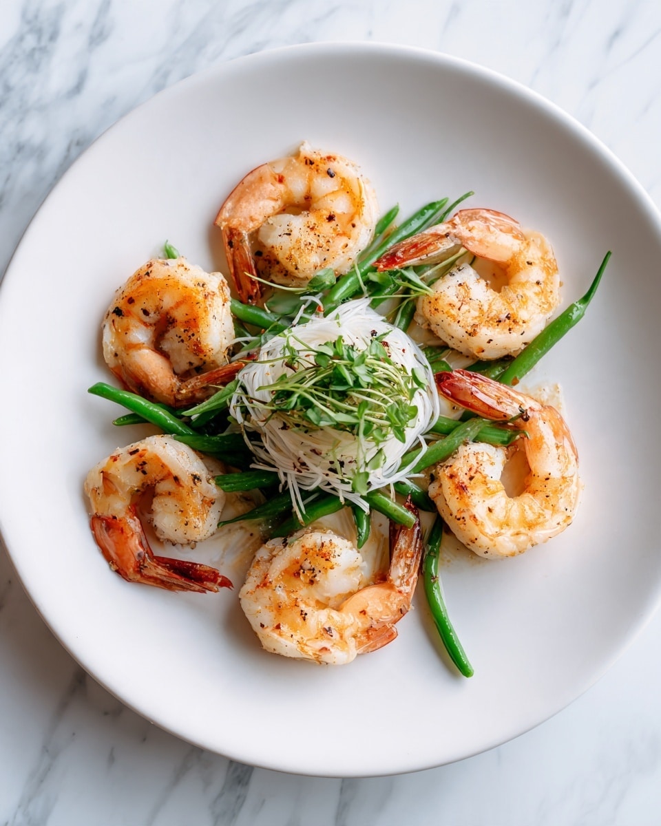 A white plate on a white marbled surface holds a dish with six cooked shrimp arranged in a circle around the edge. Each shrimp is pink with spices visible on them. In the center is a small stack of green beans and white noodles, topped with a few green herbs. The shrimp and vegetables have a light, slightly shiny texture. photo taken with an iphone --ar 4:5 --v 7