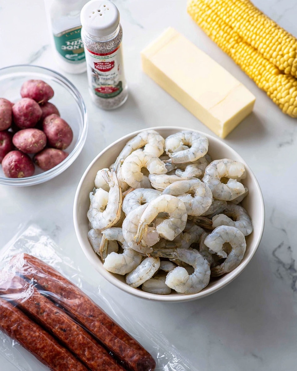 The image shows a white bowl in the center filled with uncooked peeled shrimp, light gray in color with some white and slight blue hues. Behind the bowl, there are two yellow corn cobs placed horizontally on a white marbled surface. To the left of the bowl, there is a clear bowl filled with small red potatoes. Also on the left, there is a white seasoning bottle with a green and red label and a shaker above it. To the right of the shrimp bowl, there is a rectangular stick of butter with creamy yellow color resting on the white marbled surface. Next to the butter, there is a clear vacuum-sealed package containing two dark reddish-brown smoked sausages. The setup is on a white marbled surface. Photo taken with an iphone --ar 4:5 --v 7