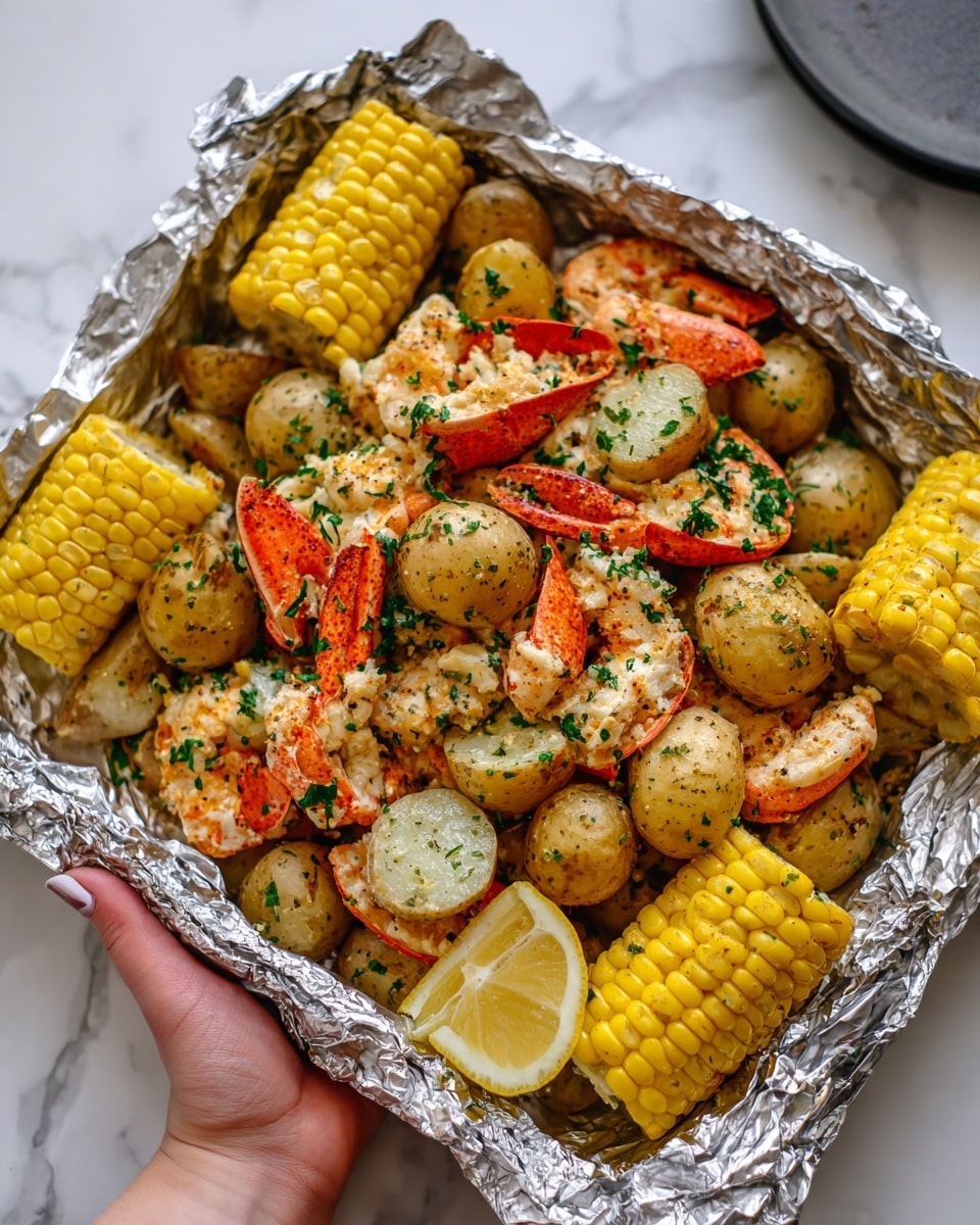 The image shows a foil tray filled with cooked seafood and vegetables. There are many pieces of pale lobster with red tips mixed with seasoned small potatoes which have a light yellow color and specks of herbs. Bright yellow corn on the cob is placed on the sides. A bright yellow lemon wedge is on the right side, adding a fresh color pop. The foil has a crinkled texture, holding all the food together. The background is a white marbled surface, and a woman's hand is reaching from the right side. photo taken with an iphone --ar 4:5 --v 7