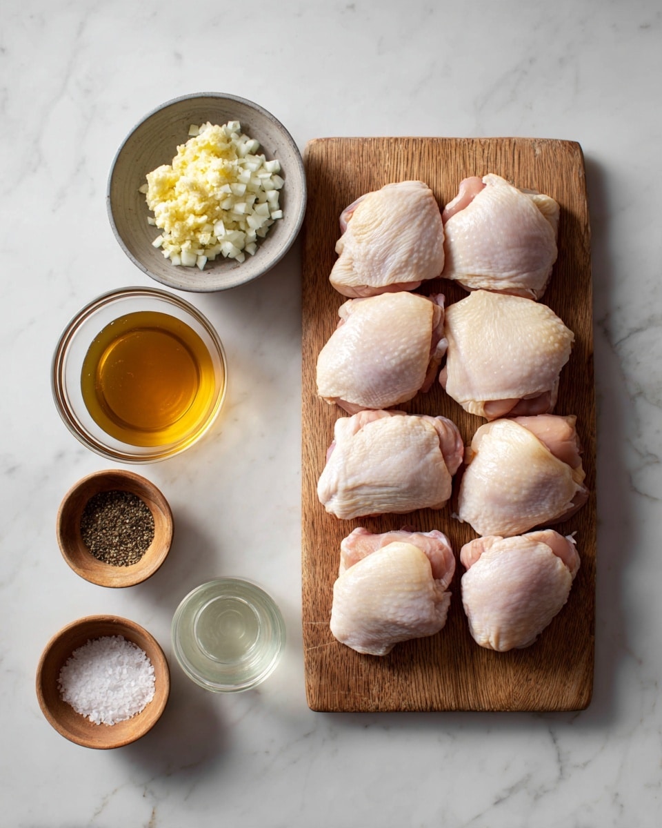 The image shows a wooden board on the right side holding eight raw chicken thighs with pale pink skin, arranged in two rows of four. On the left side, there are two small gray bowls at the top, the upper one containing a yellowish mashed paste and the lower one filled with finely chopped white garlic. Below these, there is a small transparent bowl with a golden honey-like liquid in the middle, flanked by a very dark brown sauce in a small gray bowl above and a small clear cup filled with a light clear liquid below. At the bottom left are two small light wooden bowls, one filled with coarse white salt and the other with ground black pepper. All items rest on a white marbled surface photo taken with an iphone --ar 4:5 --v 7