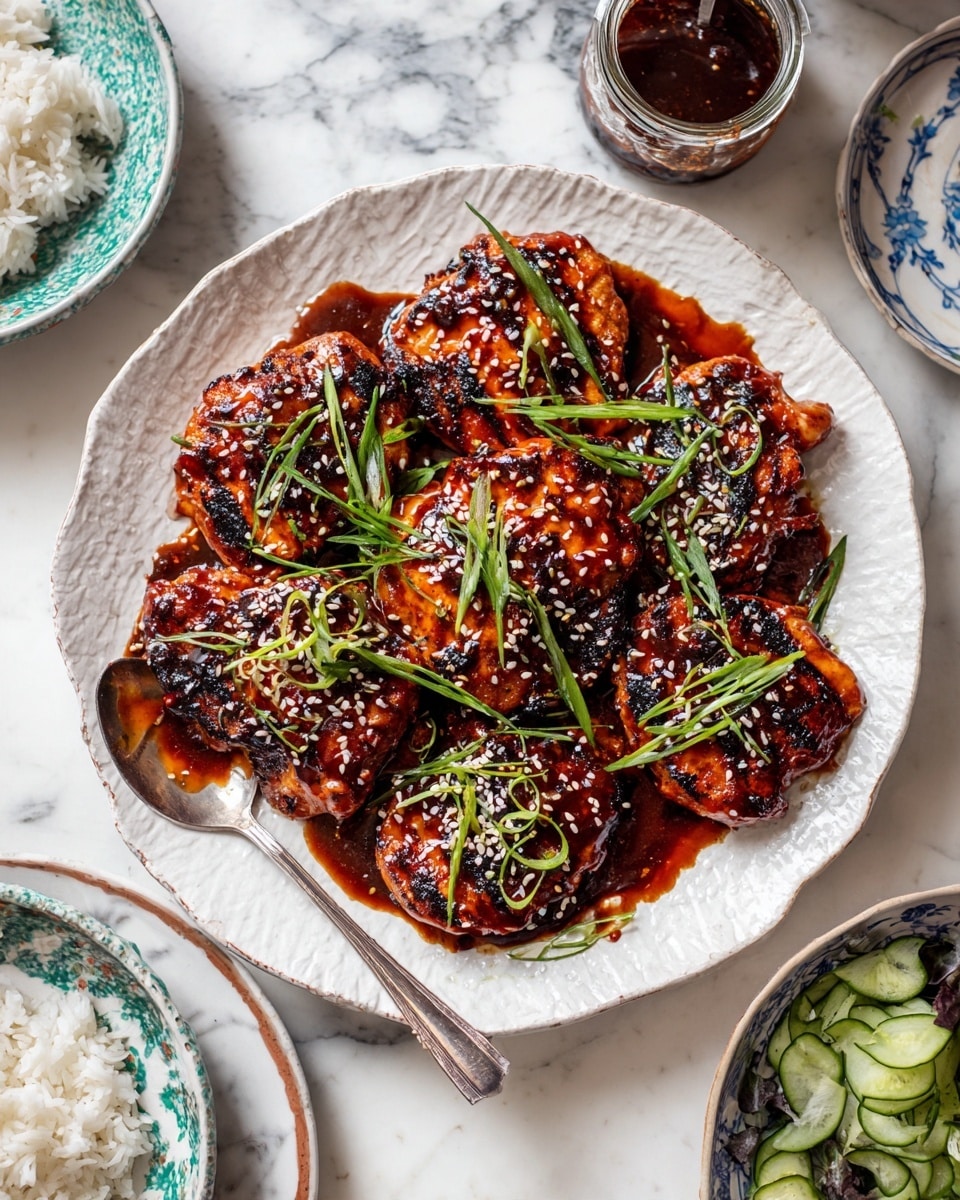 On a white plate with textured edges, there are ten pieces of grilled chicken coated in thick, shiny, dark reddish-brown sauce, arranged closely together. The chicken shows charred spots and a glossy finish with sesame seeds sprinkled over all pieces. Fresh, bright green sliced scallions are scattered on top, adding contrast. A metal spoon with some sauce rests on the edge of the plate. Around the plate on a white marbled surface are small white bowls with cooked white rice and a patterned blue bowl holding some sliced greens. A small glass jar with dark sauce is placed nearby. The photo taken with an iphone --ar 4:5 --v 7