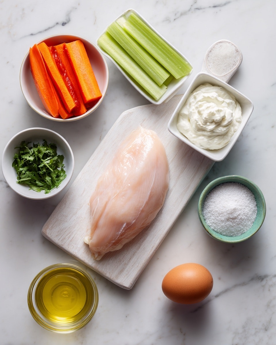 On a white marbled surface, a white wooden cutting board holds a single raw piece of light pink chicken fillet with smooth texture; around it, there are small square white bowls containing thick white cream, coarse salt, and leafy green herbs. To the left, a white bowl with orange carrot sticks and green celery sticks stands beside a white bowl filled with deep red sauce. At the bottom, a glass container holds pale yellow oil. To the right is a green bowl with a single brown egg, next to a small mound of white granulated sugar. The overall setup is bright and clean, with each ingredient neatly placed. Photo taken with an iphone --ar 4:5 --v 7