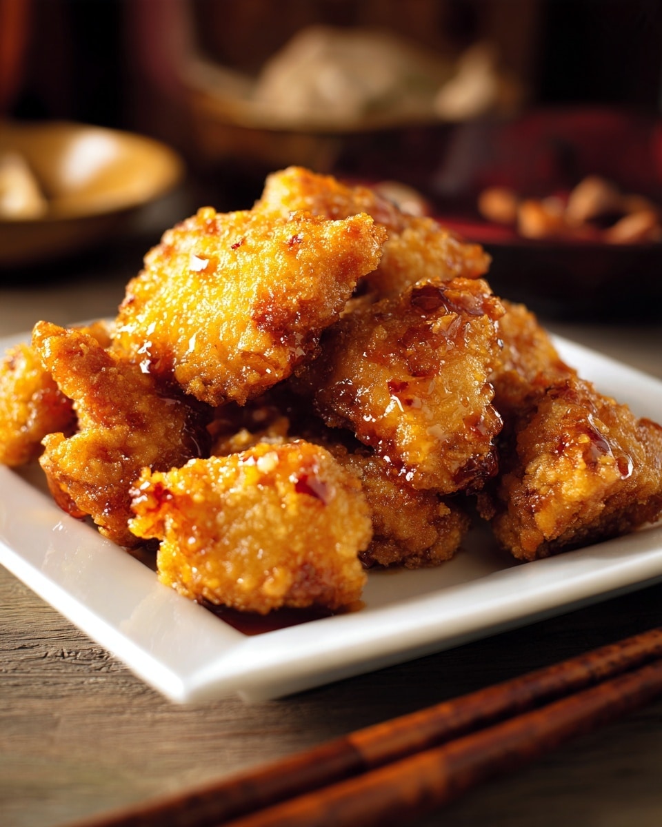 The image shows a white square plate filled with several pieces of crispy fried chicken that are golden brown and slightly shiny from a sticky sauce. The chicken pieces have a rough crunchy texture with small bits of breading visible. The plate is placed on a wood-textured surface with a blurred background that includes hints of other food items. A pair of wooden chopsticks rests on the right edge of the plate, adding an Asian touch to the scene. photo taken with an iphone --ar 4:5 --v 7