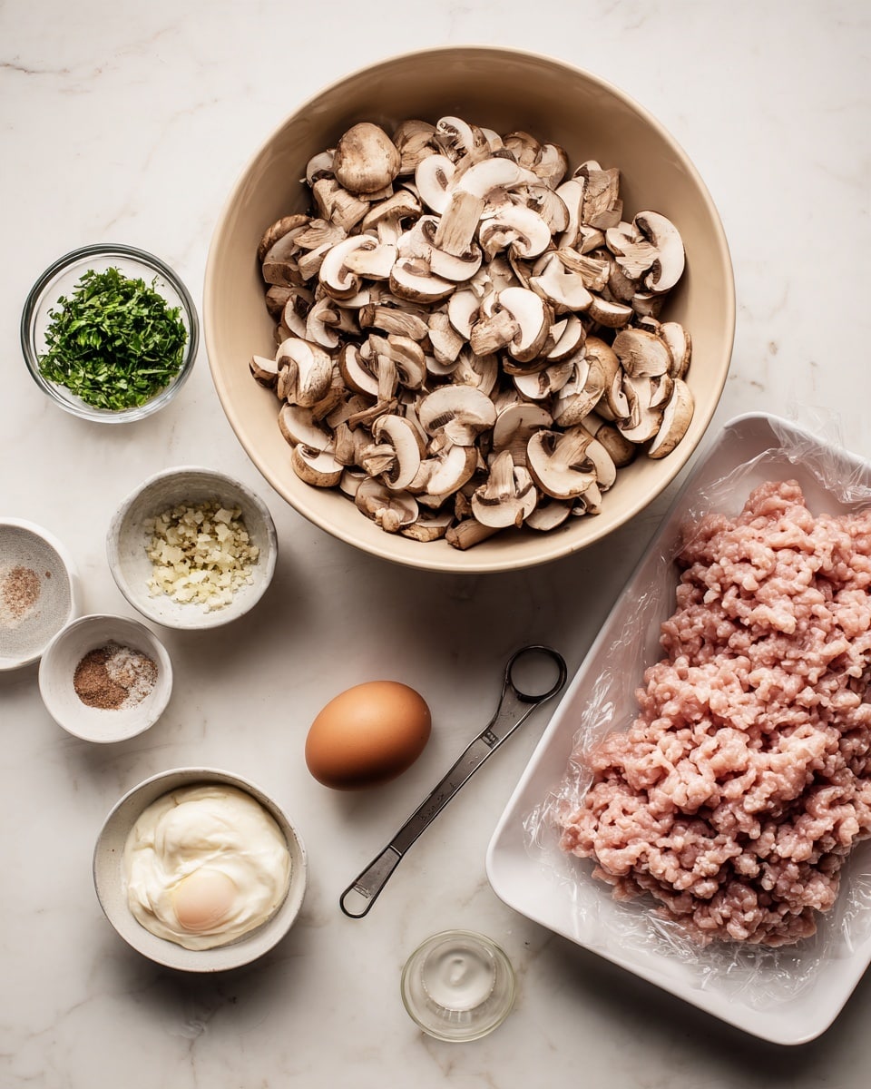 A large beige bowl filled with brown and white sliced mushrooms sits near the top center of the image. To the left, there is a small glass container filled with chopped green herbs. Below the bowl, there is a large white plastic tray filled with light pink ground chicken with clear plastic wrapping. A small white bowl filled with a mixture of chopped garlic, salt, and pepper is on the upper right of the ground chicken. Below the ground chicken, there is a small white bowl containing a creamy white substance that looks like sour cream, and next to it, a brown egg is placed on the white marbled surface. Various small measuring spoons and cups filled with different powders and liquids are also laid out around the tray. The whole setup is arranged on a white marbled textured surface. photo taken with an iphone --ar 4:5 --v 7