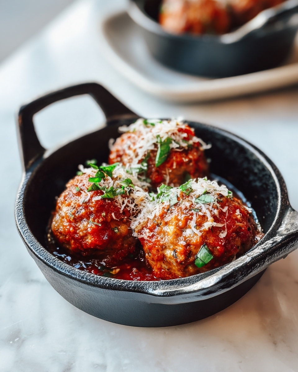 The image shows a small black cast iron pan with two handles, holding three large, round golden brown meatballs. Each meatball is topped with a sprinkle of finely shredded white cheese and small green spinach or herb leaves scattered on the surface. The pan sits on a white marbled surface. In the background, part of another similar pan is slightly out of focus. Photo taken with an iphone --ar 4:5 --v 7