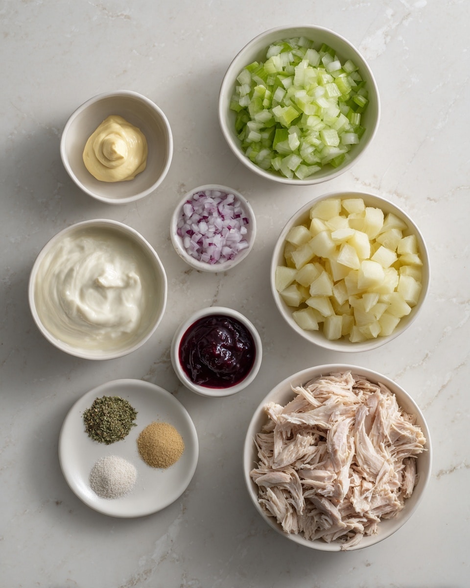 The image shows eight white bowls and one white plate arranged neatly on a white marbled surface. The top right bowl contains shredded cooked chicken in pale pink and white tones with a fibrous texture. Below it on the right is a bowl filled with chopped pale green celery. Next to that, there is a bowl of finely chopped light purple onions. In the center is a small bowl of dark red berry sauce. To the left of the sauce is another small bowl with a round dollop of soft pale yellow mustard. Above the mustard, there is a bowl filled with white cream or mayonnaise with a smooth and creamy texture. On the bottom left, the white plate holds a mix of seasoning powders in light green, tan, and white shades. Finally, above that plate is a bowl with diced pale yellow pineapples. The overall presentation is clean and organized. Photo taken with an iphone --ar 4:5 --v 7