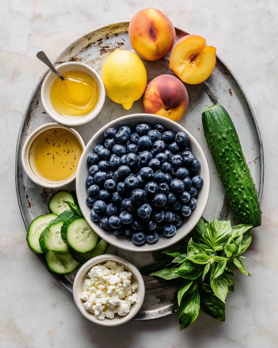 A white bowl full of fresh blueberries sits on a metal tray with slightly worn edges, surrounded by a lemon, two cucumbers, two peaches, basil leaves, a bowl of cottage cheese, a bowl of honey, and a bowl of mustard. The tray is on a white marbled surface, and all the items are neatly arranged with the blueberries in the top left, the peaches and cucumbers to the right, and the smaller bowls and basil towards the bottom. The colors are bright and natural, with the blue of the berries, green leaves, yellow lemon, and soft peach skin standing out well. photo taken with an iphone --ar 4:5 --v 7