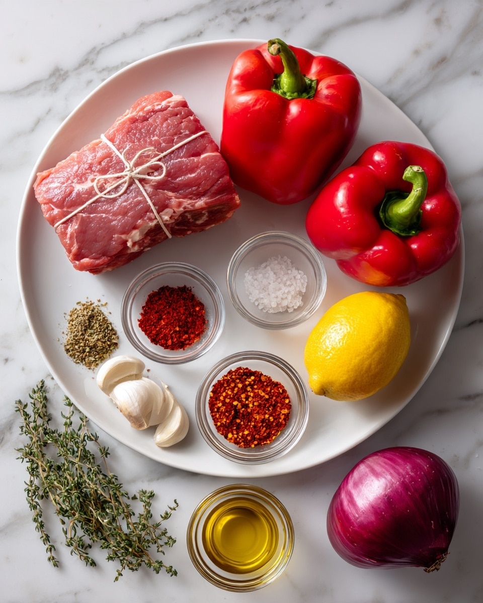 The image shows a white plate with a tied raw meat roast with a pale pink color placed top left. To the right, there are two whole red bell peppers with a smooth shiny texture. Below the meat, a bright yellow lemon is next to three small clear glass bowls containing red paprika powder, red chili flakes, and white salt arranged horizontally. Below these bowls, there are three more small clear glass bowls with golden olive oil and dried mixed herbs. In the bottom left corner, there are three garlic cloves and a small bunch of green thyme leaves. A purple-red onion with its rough skin is located at the bottom right of the plate. All items are placed on a white marbled surface. Photo taken with an iphone --ar 4:5 --v 7