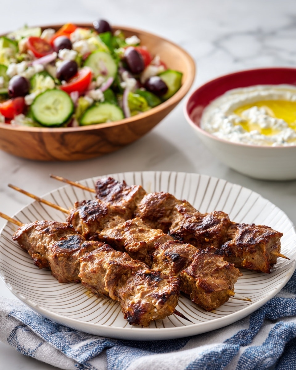 The image shows three metal skewers with grilled meat pieces placed on a white plate with thin diagonal lines. The meat pieces are thick, uneven in size, and have browned, slightly charred grill marks on the surface, showing a cooked, textured look. In the background to the left, there is a wooden bowl filled with a salad made of green cucumber slices, cherry tomatoes, black olives, and white cheese crumbs. To the top right, there is a white bowl with a red outer surface holding a creamy white sauce with a drizzle of oil on top. All items are set on a soft-textured, white and blue striped cloth over a white marbled surface. photo taken with an iphone --ar 4:5 --v 7