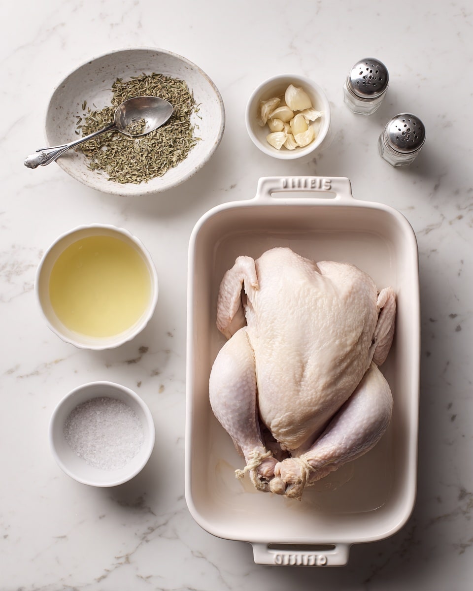 A whole raw chicken lies in a white rectangular baking dish with handles, positioned on a white marbled surface. To the left of the dish, six small white bowls and containers are neatly arranged: one bowl holds dried herbs with a spoon inside, another contains a light yellow liquid, next to it is a bowl with crushed garlic, then a small container with a clear liquid, and two small silver containers with salt and pepper. The overall scene is clean, bright, and organized, ready for seasoning and cooking. Photo taken with an iphone --ar 4:5 --v 7