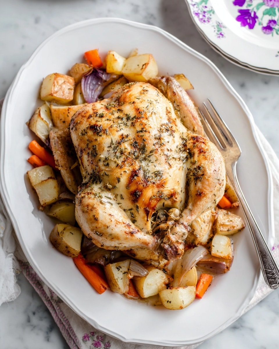 A whole cooked chicken is placed in the middle of a white oval plate, seasoned with black pepper and herbs. The chicken has a golden brown skin with a lightly crisp texture. Surrounding the chicken are chunks of roasted potatoes, orange carrot sticks, and pieces of cooked onion, all showing a soft texture with slight browning from roasting. The plate sits on a white marbled surface, with a silver fork resting on the right side of the plate. In the background, there is a white plate with purple floral decoration. photo taken with an iphone --ar 4:5 --v 7