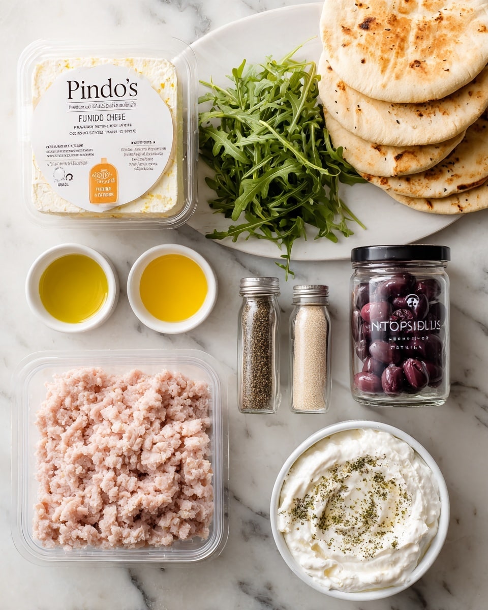 A flat lay of multiple ingredients arranged neatly on a white marbled surface: at the bottom is a clear plastic container filled with light pink ground turkey. Above it is a white square container labeled