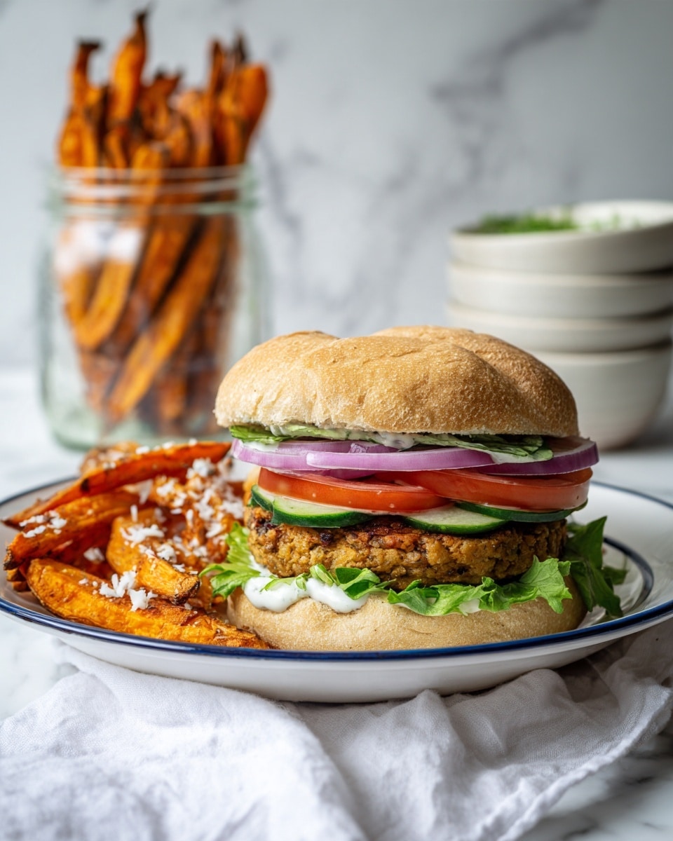 A white plate with a blue rim holds a layered sandwich and a side of orange sweet potato fries, sprinkled with white cheese bits. The sandwich has a soft light brown top bun, underneath it thin green cucumber slices and purple onion rings, then a thick red tomato slice, a white sauce layer, a grilled greenish-brown patty, fresh leafy green lettuce, and a light brown bottom bun. In the background, a glass jar filled with sweet potato fries wrapped in white paper, and two stacked white bowls with green dip are placed on a white marbled surface. A white cloth is partly visible in the front. Photo taken with an iphone --ar 4:5 --v 7