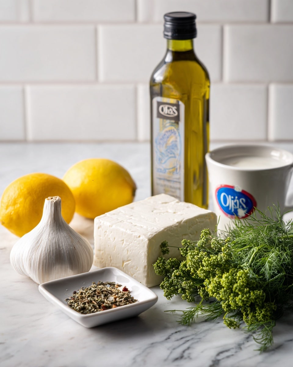 The image shows six cooking ingredients placed on a white marbled surface with a white tiled background. From left to right, there is a bright yellow lemon, a bulb of garlic with a smooth white surface, a block of creamy white feta cheese with a brown and black label in front, a small white square dish holding some mixed herbs and spices, a bunch of fresh green dill with feathery leaves next to the dish, a cup of white yogurt with a blue and red logo on the right, and behind all of these, a tall green glass bottle of olive oil with a label in white letters. The ingredients are neatly arranged and spaced evenly. photo taken with an iphone --ar 4:5 --v 7