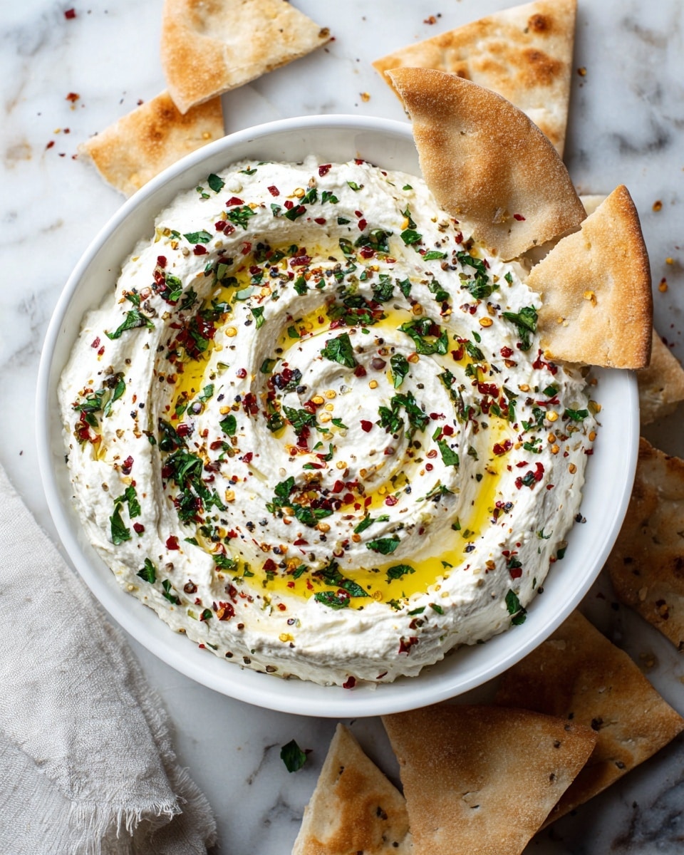 The image shows a white bowl full of thick, creamy white dip with swirls of golden olive oil spread on top. The dip is sprinkled with chopped green herbs, red chili flakes, and black pepper, adding small colorful dots across the surface. Four triangular pieces of flatbread rest on the edge of the bowl, and some flatbread pieces are placed on a white marbled surface beside the bowl. The background is rustic wood but appears softened by the white marble. photo taken with an iphone --ar 4:5 --v 7