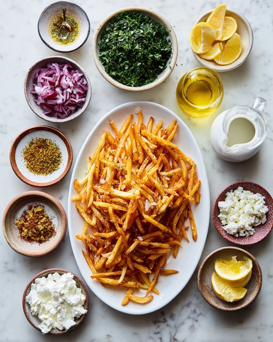 A large oval white plate filled with golden-brown, crispy fries sits at the bottom left of the image. Surrounding the fries are eight small, rustic bowls arranged around the plate. Clockwise from top left, the bowls hold finely chopped red onions, a greenish-yellow dried herb mix, white crumbly cheese, a mix of salt and dried green herbs, several lemon slices, thick white creamy sauce, a clear small pitcher of white liquid, and bright yellow olive oil. In the center above the plate is a bigger bowl filled with finely chopped fresh green herbs. All items are placed on a white marbled surface. Photo taken with an iphone --ar 4:5 --v 7