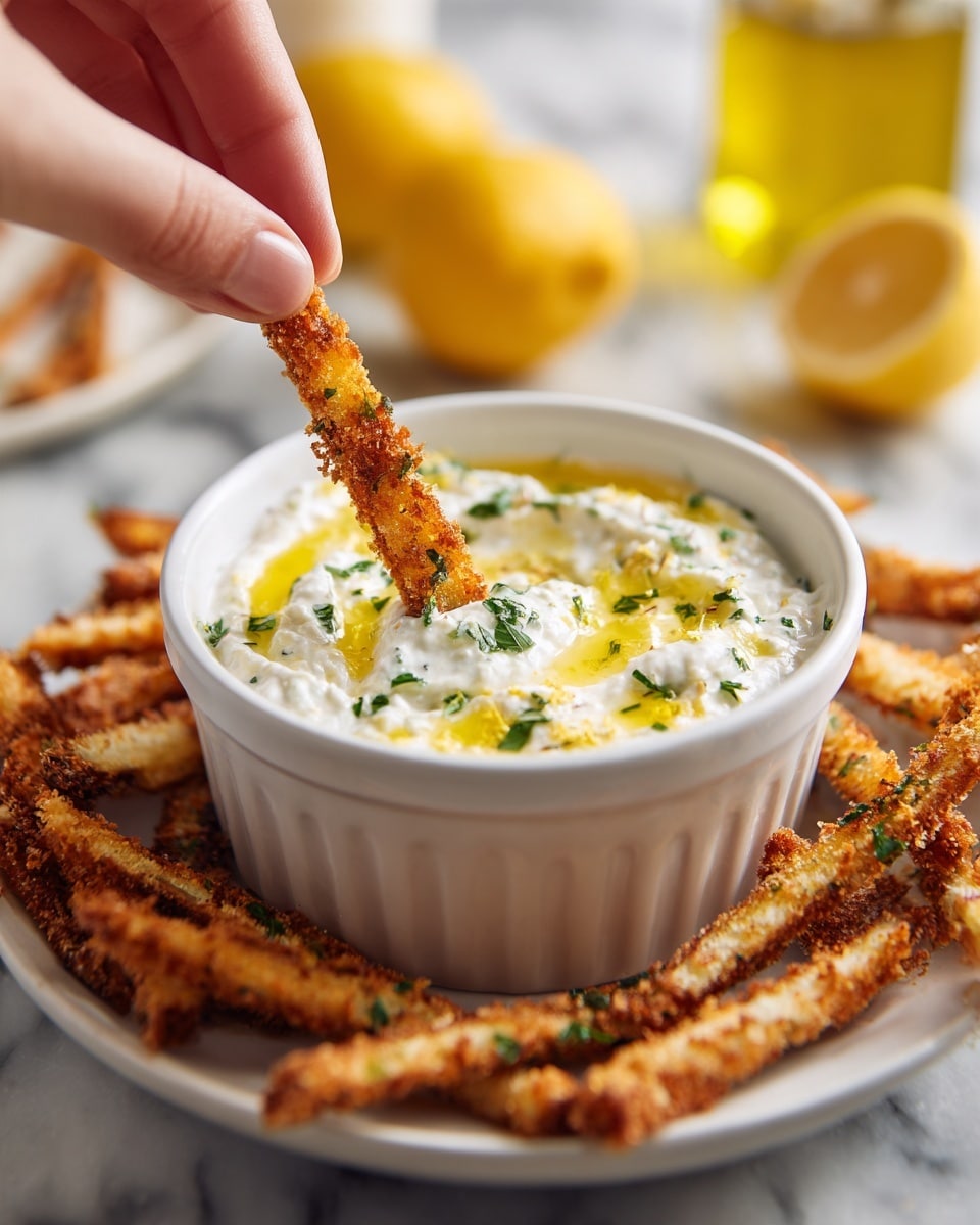 A white bowl is filled with a creamy white dip that has green herb pieces mixed in and a drizzle of yellow oil on top. Around the bowl, crispy brown fried strips with a rough texture rest on a white plate. A woman's hand is dipping one of the brown strips into the dip. In the blurred background, there are halved yellow lemons and a bottle of oil, all placed on a white marbled surface. photo taken with an iphone --ar 4:5 --v 7