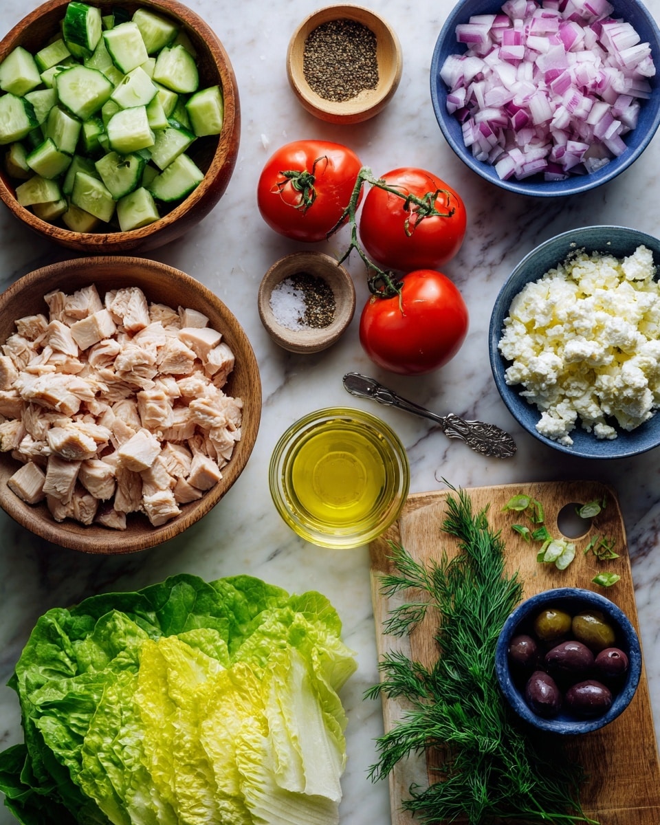 The image shows fresh salad ingredients arranged on a white marbled surface. There are chopped light green cucumbers in a wooden bowl on the top left, next to a small white bowl with black pepper and a small wooden bowl with salt. Two whole red tomatoes with green stems lie in the middle. Diced purple and white onions fill a blue bowl on the top right. Below them is a small blue bowl filled with white crumbled cheese. To the left is a large wooden bowl with chunks of light-colored cooked chicken. Below that, a small clear glass bowl holds yellow olive oil. Near the bottom center, a leaf of bright green romaine lettuce is placed beside a more whole bunch of the same lettuce on a wooden board. There is also a small dark blue container of sliced black olives in the bottom left corner. A bunch of dill and half a purple onion are placed on the right side. The scene is well lit and captures the freshness of the ingredients. Photo taken with an iphone --ar 4:5 --v 7