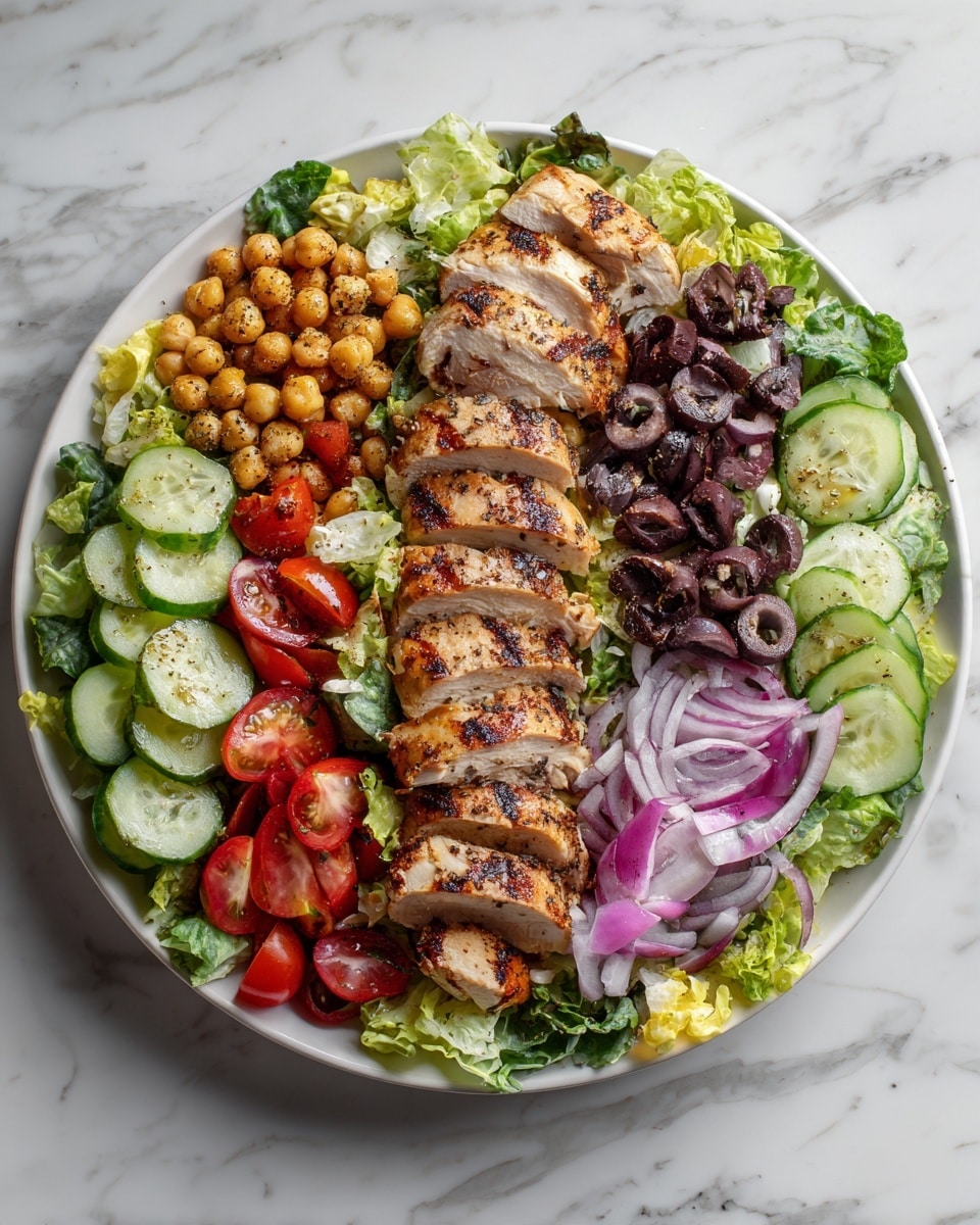 A large round white plate sits on a white marbled surface, filled with a colorful salad made of four main layers. The bottom layer is a bed of green lettuce leaves, chunky and fresh, spread evenly across the plate. On top of the lettuce, there are thin cucumber slices, halved cherry tomatoes, and slices of purple onion scattered around. The third layer includes black olives and roasted chickpeas, which add dark and golden brown tones with a crunchy texture. Finally, the top layer consists of four groups of grilled chicken slices, light brown with grill marks, neatly placed over the salad, each group showing the juicy inside and browned edges. Photo taken with an iphone --ar 4:5 --v 7
