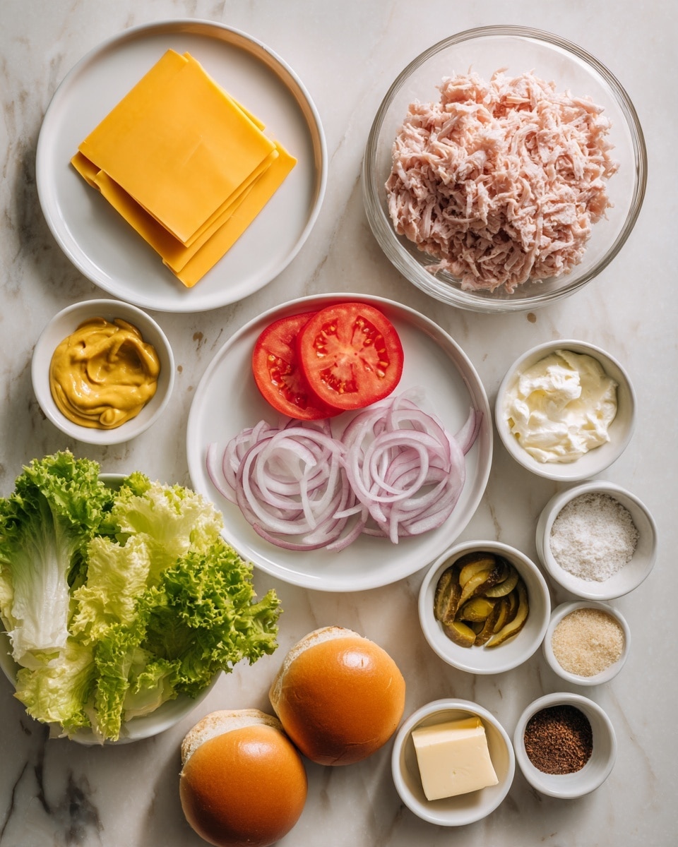 A white marbled surface holds several small clear bowls and white plates with sandwich ingredients arranged neatly. One white plate shows five slices of bright yellow cheese stacked slightly on each other in the top left. Below it is a small bowl of smooth yellow mustard. Another white plate nearby holds three thick, bright red tomato slices on the left side and about seven pale purple onion rings stacked on the right. A large clear bowl on the right contains a large mound of pale pink shredded meat. Surrounding these are small bowls with black pepper, white granulated sugar, golden oil, beige powder, white breadcrumbs, dark brown sauce, light green chopped pickles, creamy white mayonnaise, a small cube of butter, bright red spice, and half a white onion. At the bottom left is a white bowl with fresh green leafy lettuce. On the bottom right are two golden brown sandwich buns placed side by side. photo taken with an iphone --ar 4:5 --v 7