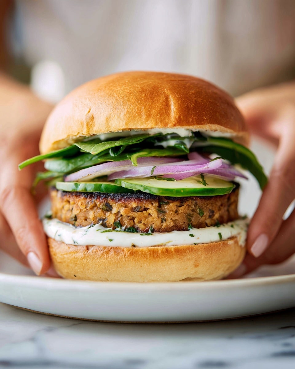 A close-up of a sandwich held by two woman's hands above a white marbled surface, showing five visible layers: a shiny light brown top bun, a thick layer of creamy white sauce with herbs, fresh green spinach leaves, thin rings of purple onion and cucumber slices, a thick, lightly browned patty with a textured surface and browned edges, a spread of creamy white sauce on the bottom, and a light brown bottom bun. The sandwich sits on a white plate. photo taken with an iphone --ar 4:5 --v 7