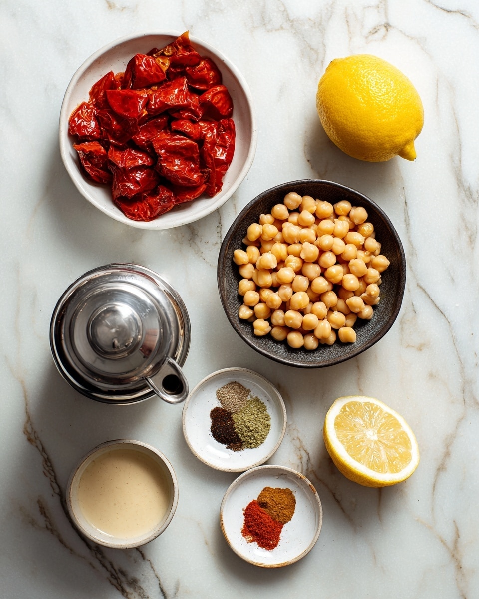 The image shows several ingredients arranged on a white marbled surface: at the top left, a white bowl holds roasted red peppers with a smooth, shiny texture and deep red color; below it, a dark bowl is filled with pale yellow chickpeas with a matte and round appearance; to the right of the chickpeas, a half of a lemon with bright yellow rind and juicy inside is placed; next to it, a small white plate with four sections of different spices in colors of dark brown, light brown, white, and a rusty red; below that, a small white bowl contains a light beige creamy sauce; at the bottom left, a stainless steel liquid dispenser is partially visible. Photo taken with an iphone --ar 4:5 --v 7