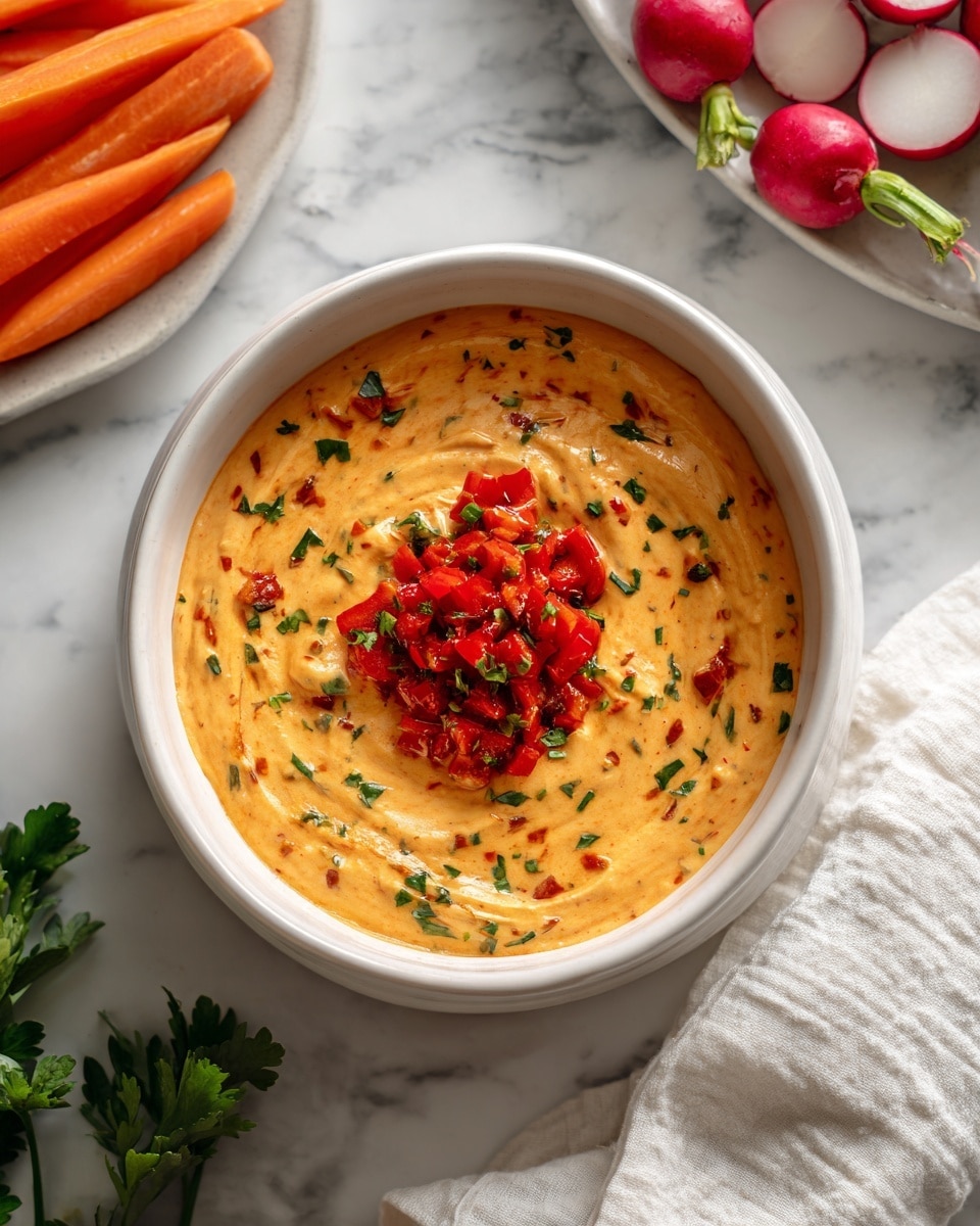 A white bowl is filled with a smooth, creamy layer of orange dip, swirled gently with small green herb pieces scattered throughout. In the center sits a mound of finely chopped, bright red roasted peppers, adding a chunkier texture and vibrant contrast to the creamy base. The bowl rests on a white marbled surface next to a plate of carrots and radishes, with whites cloths partially visible around. Photo taken with an iphone --ar 4:5 --v 7