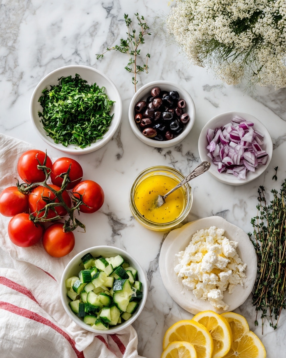 The image shows a white marbled surface with various fresh ingredients arranged neatly. At the top left, there is a white bowl filled with chopped green herbs. Below it, there are two small white bowls—one with whole black olives and another with sliced black olives. In the center of the surface, there is a glass jar containing a yellow salad dressing with a silver spoon inside. To the left, a small white bowl contains chopped green cucumbers. Scattered around are several whole red tomatoes still on their green stems. Towards the right side, there is a small white plate with white crumbly cheese and next to it a small white bowl filled with red chopped onions. Near these is a bunch of fresh thyme with green stems. At the top right, slices of bright yellow lemon are fanned out with a bunch of red tomatoes on green stems beside them. In the background, a vase of delicate white flowers and a white cloth with red stripes complete the scene. photo taken with an iphone --ar 4:5 --v 7