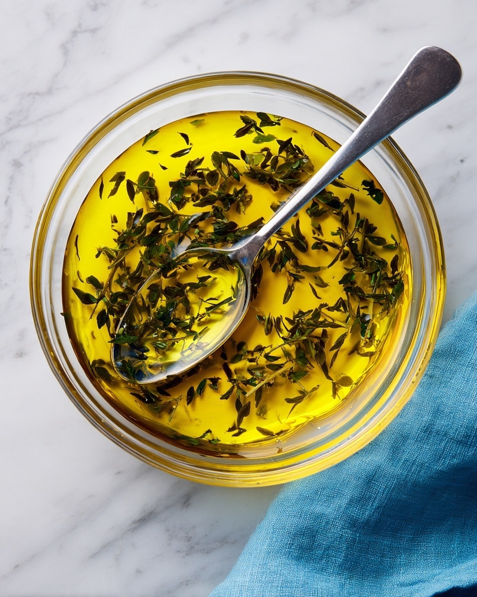 The image shows a clear glass bowl filled with golden yellow oil mixed with small dark green herbs floating evenly throughout. A silver spoon rests inside the bowl, partially submerged in the oil, catching light and showing reflections. The bowl is placed on a white marbled surface, and a soft blue cloth napkin is folded to the right side of the bowl. photo taken with an iphone --ar 4:5 --v 7