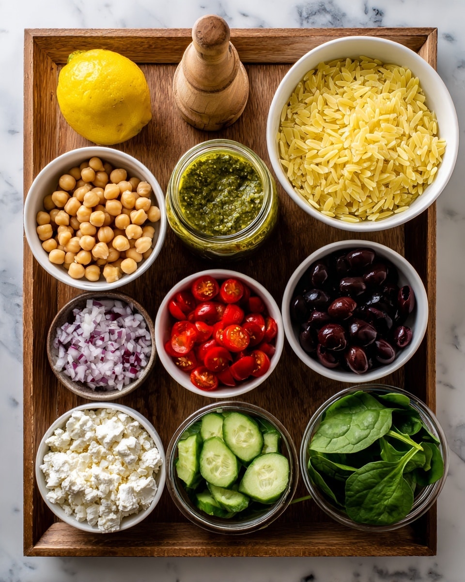 A wooden tray sits on a white marbled surface holding eight white bowls and one jar, arranged in a neat layout. Starting from the bottom left, a bowl filled with round, light tan chickpeas is followed clockwise by a bowl of green sliced olives with red pimentos, a bowl of finely chopped red onions, a bowl of halved bright red cherry tomatoes, a bowl of vibrant green cucumber cubes, a black bowl containing white crumbled cheese, and another white bowl filled with dark sliced black olives. In the center of the tray is a glass jar filled with a green herb dressing. To the right of the tray is a large white bowl with cooked yellow orzo pasta. A halved yellow lemon and a wooden lemon squeezer rest at the back of the tray. Fresh spinach leaves can be seen in a plastic container at the bottom right corner. Photo taken with an iphone --ar 4:5 --v 7