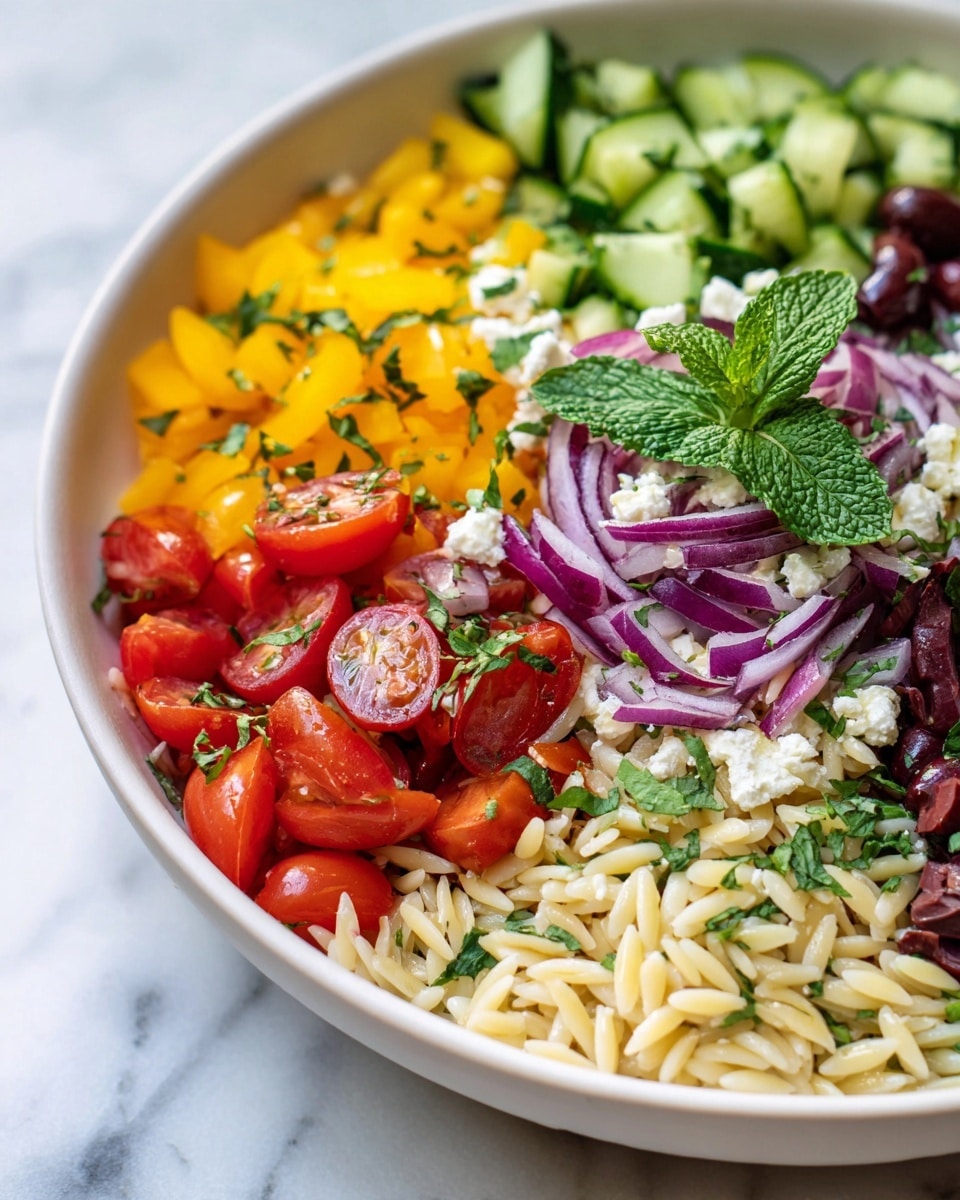 A close-up of a white shallow bowl filled with a fresh orzo pasta salad, showing about five layers: the base layer is light beige orzo with a smooth, slightly shiny texture, mixed with bright yellow diced bell peppers scattered evenly. On top of this, there are bright green cucumber slices cut in half-moon shapes mixed with deep red halved cherry tomatoes. Thin strips of purple-red onion are spread across, adding a crisp texture. There are also dark purple sliced olives and small crumbles of white feta cheese sprinkled widely. Green chopped herbs and a single fresh mint leaf garnish the center, all resting on a white marbled surface. photo taken with an iphone --ar 4:5 --v 7