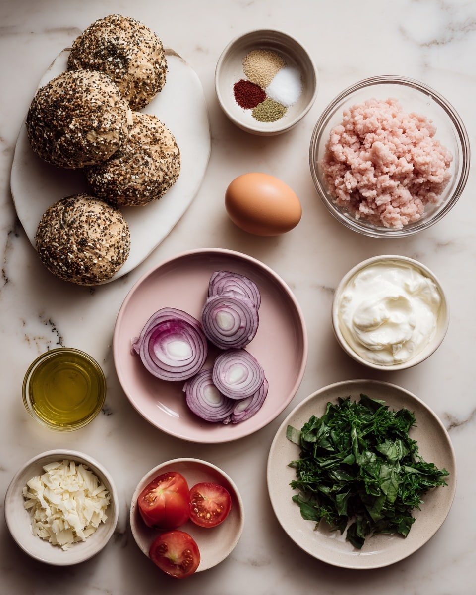 The image shows ingredients laid out on a white marbled surface, ready for making a meal. Starting from the top left, there are four multigrain sandwich buns with seeds and grains on top, each with a slightly cracked texture. Next to them is a small round bowl holding three types of seasonings: beige, white, and red flakes. To the right is a single brown egg sitting directly on the surface. Below the egg is a clear glass bowl with a large portion of pale pink ground meat inside. To the right of the meat bowl is a small glass bowl filled with white creamy cheese or sour cream. Below the small glass bowl is a white plate holding five detailed purple onion slices stacked each in a round layer, and two round red tomatoes beside them. Below the onions is a tiny bowl of chopped white cheese. To the left of that bowl is a small circular bowl with shiny olive oil. To the left of the olive oil, on a pale pink plate, there are fresh green parsley leaves and finely chopped light purple onions. Above that plate is a plate holding a small heap of fresh dark green spinach leaves. photo taken with an iphone --ar 4:5 --v 7