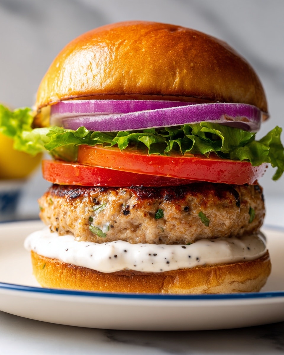 A close-up image of a burger with four main layers stacked in the middle of a soft, shiny brown bun. The bottom layer shows a thick spread of white creamy sauce with black pepper. Above it sits a juicy, well-cooked burger patty with some green bits mixed in. On top of the patty, there is a fresh mix of green lettuce leaves with white dressing. Next comes a slice of red tomato, and above it is a thick ring of purple onion. The top bun is golden brown with a smooth texture. The burger is placed on a white plate with a blue edge, resting on a white marbled surface. Photo taken with an iphone --ar 4:5 --v 7