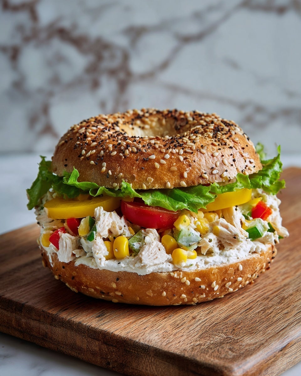 A sesame bagel sandwich sits on a wooden cutting board, layered with several fresh ingredients. The bottom half of the bagel, covered in toasted sesame seeds, holds a spread of creamy white cheese with visible green herbs. On top of the cheese is a single crisp, green lettuce leaf followed by slices of yellow tomato. The main filling is a colorful salad made of small chunks of white chicken pieces mixed with yellow corn kernels, diced red bell peppers, and green celery, all bound in a creamy dressing. The top half of the sesame-covered bagel rests slightly tilted over the filling. The background is a white marbled texture. photo taken with an iphone --ar 4:5 --v 7