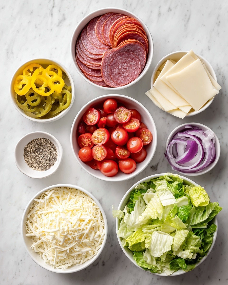 The image shows six white bowls arranged on a white marbled table with different fresh salad ingredients. The largest bowl at the bottom holds a mix of green lettuce leaves, cut into strips with fresh, crisp textures. Above it, to the center, a medium white bowl is filled with small, shiny cherry tomatoes, some sliced in half showing their juicy inside. To the left, a smaller white bowl contains round yellow-green banana pepper slices with a slightly wrinkled texture. To the right, another small white bowl holds thin purple onion slices with bright white inner layers. At the top left side, a white bowl presents three types of sliced meats – reddish pepperoni slices, light pink salami, and thin bright red spicy sausage pieces, layered closely together. Next to it, a white bowl contains a mix of creamy grated cheese and dry seasonings, showing a contrast of white, black, and brown spices. Finally, at the top right, a white bowl is filled with evenly stacked white cheese slices. photo taken with an iphone --ar 4:5 --v 7