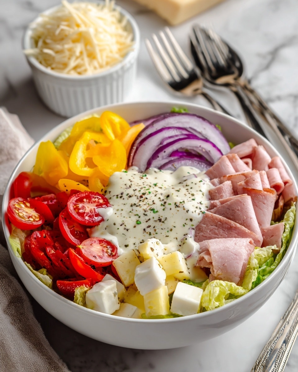 A white bowl filled with a colorful salad featuring layers of light green lettuce at the base, topped with slices of pale pink ham, bright red cherry tomato halves, thin rings of purple onion, small white cheese cubes, and vivid yellow pepper rings. The salad is covered with a creamy white dressing and sprinkled with black pepper and herbs. The bowl sits on a white marbled surface with a white ramekin filled with grated cheese and some silver forks nearby. Photo taken with an iphone --ar 4:5 --v 7