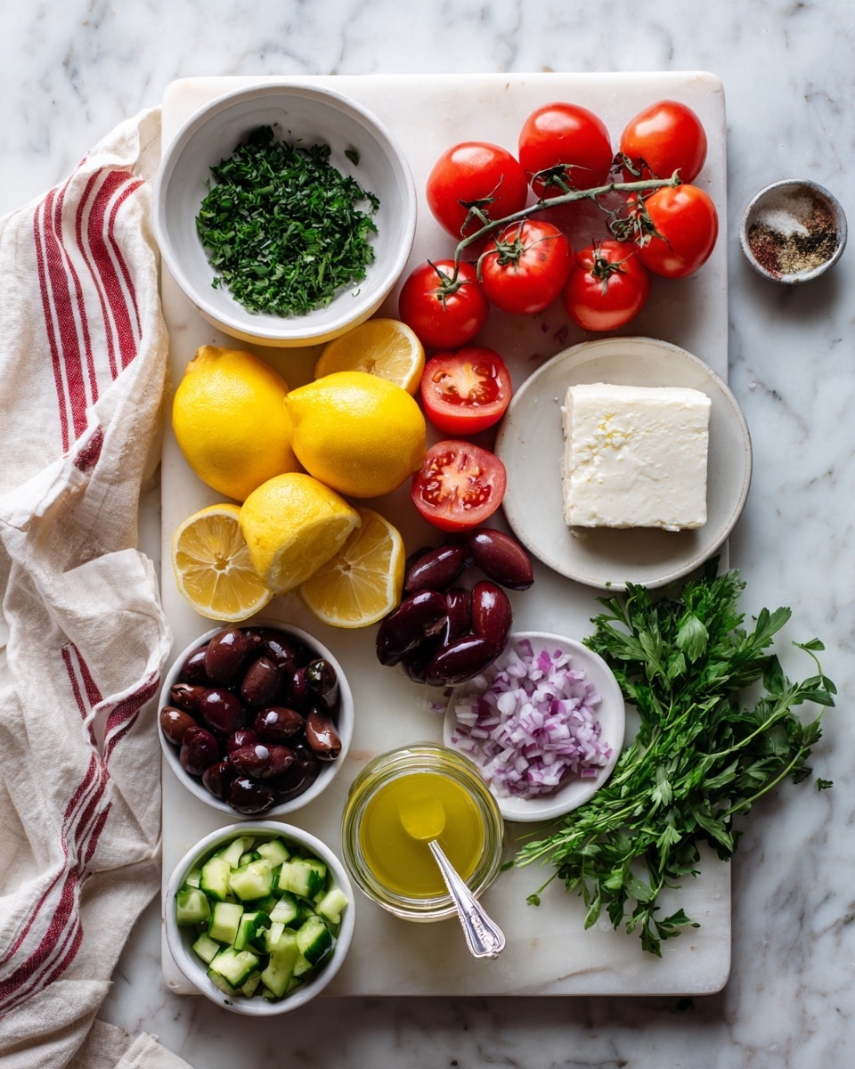 A white square marble board holds various fresh ingredients arranged neatly: a large white bowl with some chopped green herbs in the top left; a cluster of whole and sliced bright yellow lemon rounds near the top center; a bunch of vine tomatoes in the top right corner and scattered around the board; a small white plate with a block of white cheese and a tomato beside it near the top right; a small white bowl filled with chopped purple onions near the right side; a sprig of green herbs lying beside the bowl; two small white bowls on the left side containing black olives, one sliced and one whole; a small white bowl in the bottom left filled with chopped green cucumbers; a jar with a spoon inside holding a light yellow-green sauce or dressing sits center-left; a white cloth with red stripes lies off to the right; the whole board sits on a white marbled surface with soft natural light. photo taken with an iphone --ar 4:5 --v 7