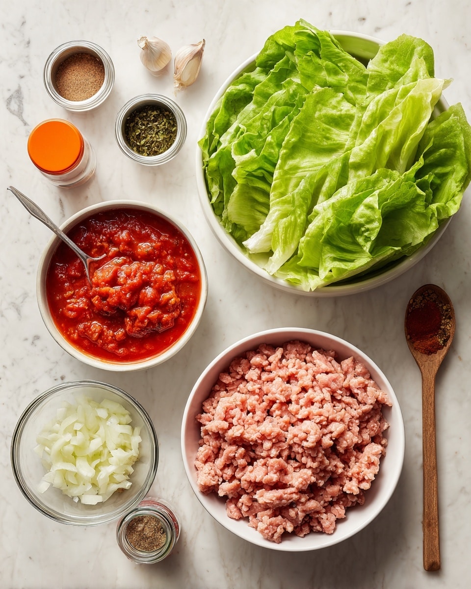 The image shows ingredients arranged on a white marbled surface for a meal prep. There is a large white bowl filled with fresh green lettuce leaves that are textured and layered, placed in the top right. Below it is a white bowl holding raw light pink ground meat with a soft texture. To the left of the meat, a white bowl contains chunky red tomato sauce with small bits of green herbs visible. Below that is a small clear glass bowl with minced pale yellow garlic. Nearby is a small wooden spoon holding finely chopped white and light purple shallots. Two small glass jars with mixed spice powders, one with an orange lid and the other with a silver lid, are set next to the spoon. The ingredients are spaced out neatly and ready to use. Photo taken with an iphone --ar 4:5 --v 7