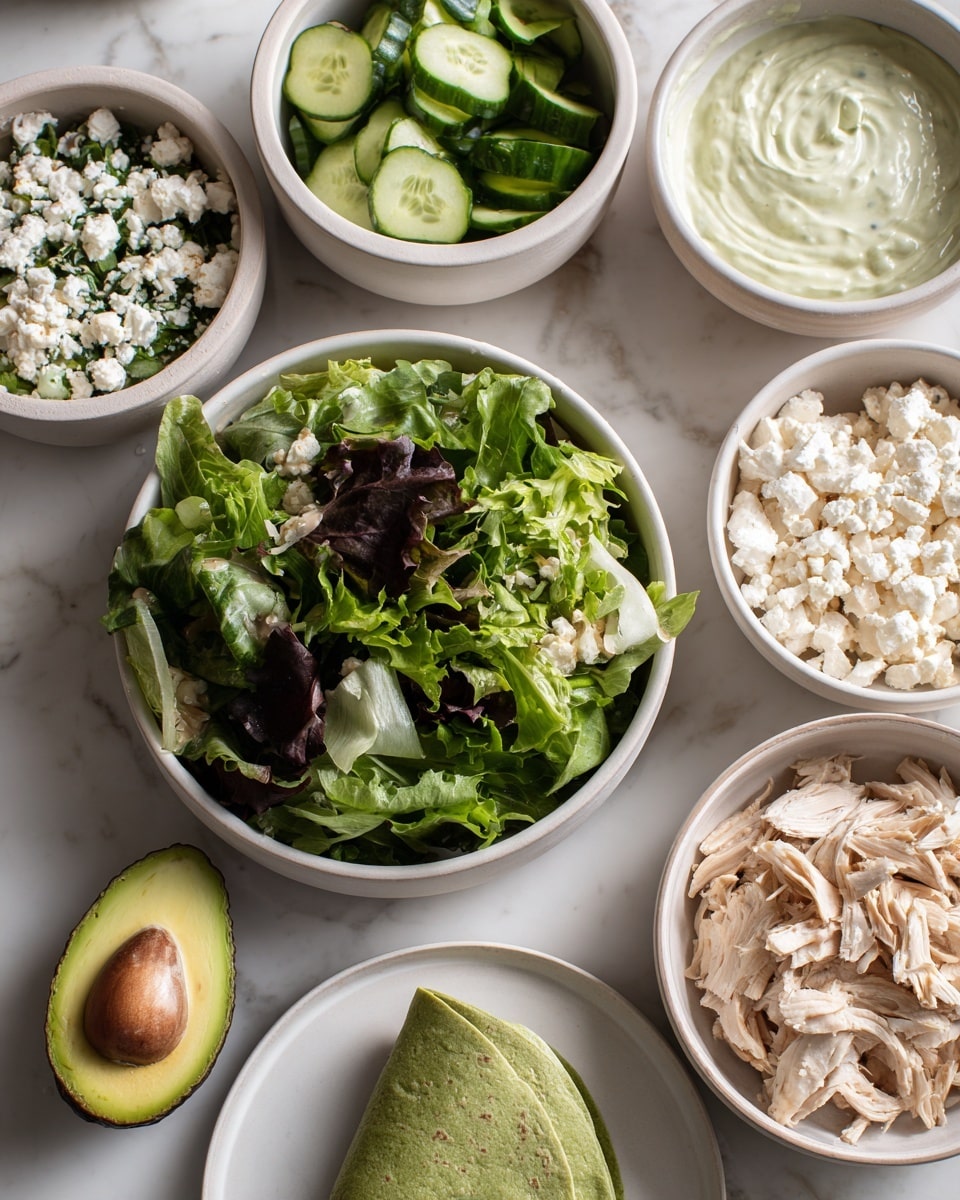 The image shows a white marbled surface with six white bowls and plates arranged neatly. In the center, there is a white bowl filled with green and dark purple leafy salad. Surrounding it are five smaller white bowls: one with light green creamy dressing, one with thinly sliced cucumber rounds, one filled with crumbled white cheese, and one with chopped light brown cooked chicken. There is also a green flour tortilla folded in half on a white plate at the bottom center. Half an avocado with the seed still inside rests beside the salad bowl. The colors are fresh and bright, with a mix of greens, cream, and light brown. The photo taken with an iphone --ar 4:5 --v 7