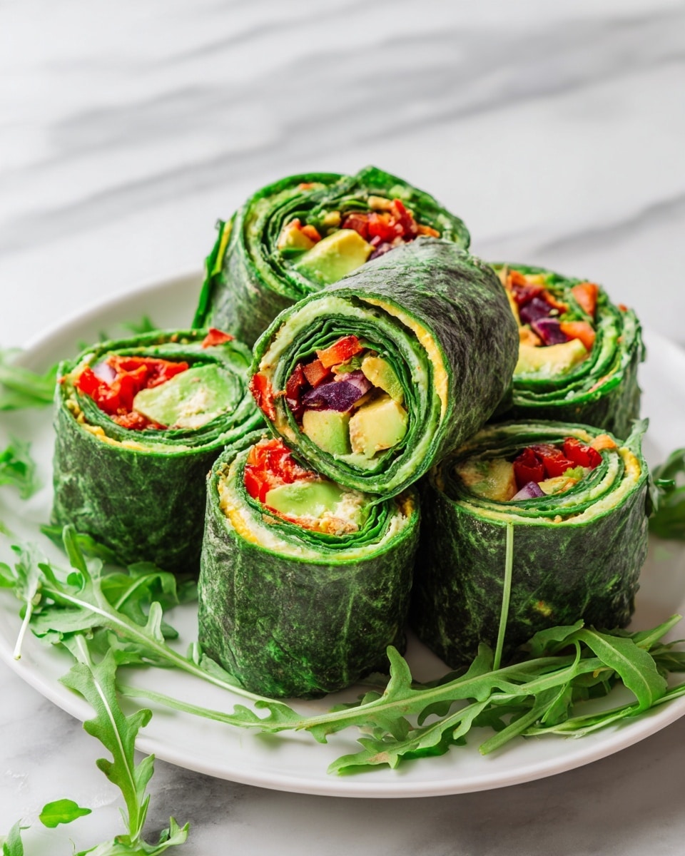 The image shows a group of green spinach wraps cut into thick rolls, arranged standing up on a white plate. Each roll has multiple layers starting with a dark green spinach wrap on the outside, then fresh green lettuce right inside the wrap. The inside layers have a mix of light green creamy filling, chunks of avocado, bright red roasted peppers, and small pieces of light purple onion, all tightly packed. Some arugula leaves are scattered around the plate and on the white marbled surface in the background. The wraps look fresh and colorful, with clear textures from the different vegetables and creamy filling. Photo taken with an iphone --ar 4:5 --v 7