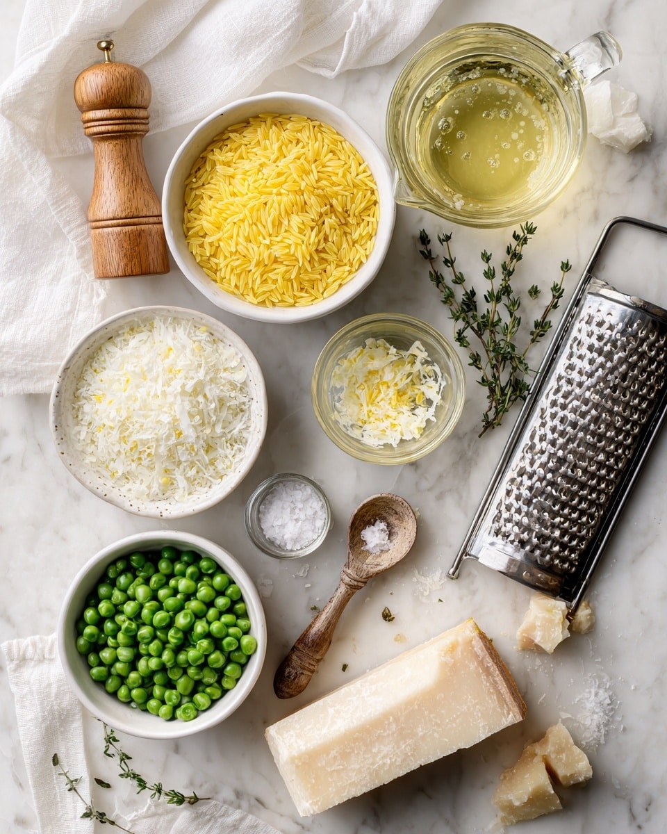A top view of a white marbled surface with several small white bowls and glass bowls arranged neatly, containing yellow orzo pasta, frozen green peas, finely grated white cheese, minced garlic, olive oil, lemon zest, and lemon juice. Next to them is a wooden pepper grinder, a small spoon with salt, and a small sprig of fresh thyme. A clear glass measuring cup filled with a light golden liquid is placed at the top right, and a metal grater with a piece of cheese rests beside the grated cheese bowl. A white cloth napkin is loosely spread in the upper left corner. Photo taken with an iphone --ar 4:5 --v 7