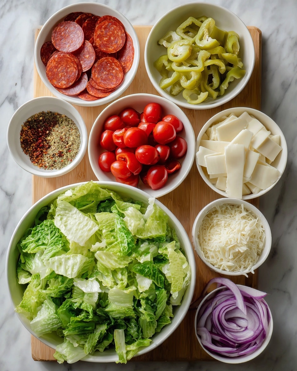 The image shows seven bowls arranged on a white marbled surface. At the bottom, a large white bowl is filled with chopped fresh green lettuce with light and darker green shades, looking crisp and leafy. Above it, there are six smaller white bowls in a slightly curved line. From left to right, the first bowl has pale yellow-green sliced peppers with a soft, moist texture. Next to it, the second bowl contains red cherry tomatoes, some whole and some halved, revealing a juicy bright red interior. The third bowl holds white slices of cheese arranged in a neat pile. The bowl to its left contains a mix of spices with white, black, brown, and reddish colors creating a textured, grainy pattern. At the far left, a bowl contains thin reddish-orange rectangular slices of pepperoni stacked in a fan form with some darker slices of salami beneath. On the far right, the last bowl holds thin slices of purple-red onion scattered loosely. Everything sits on a light wooden board which contrasts with the white marbled surface beneath the bowls. Photo taken with an iphone --ar 4:5 --v 7