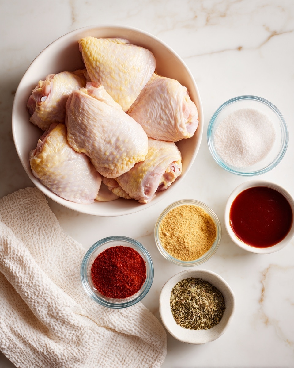 A white bowl filled with several pieces of raw chicken thighs with yellow skin is placed at the top center of the image. Below it, six small bowls form a rough circle: three clear blue glass bowls containing white salt, yellow mustard powder, and a beige powder, and three white bowls holding reddish paprika, greenish dried herbs, and a glossy dark red sauce. On the left side, a white textured cloth rests on a white marbled surface, which serves as the background. The layout is neat and organized. Photo taken with an iphone --ar 4:5 --v 7