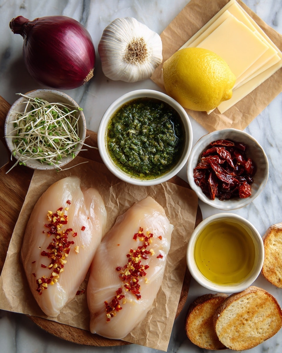 The image shows two raw chicken fillets with red chili flakes on top, placed on a piece of brown paper on a small wooden board. To the left is a half red onion with purple rings, and above it a whole bulb of garlic with white skin. A small round white bowl filled with bright green pesto sauce sits near the center. Above the garlic is a whole yellow lemon and to the right of the lemon, a stack of pale yellow cheese slices on brown paper. Below the pesto is a small pile of greenish sprouts, next to a small white dish filled with oil and another white bowl with dark red sun-dried tomatoes in oil. At the bottom right are two golden toasted bread pieces. All items lay on a white marbled surface. photo taken with an iphone --ar 4:5 --v 7