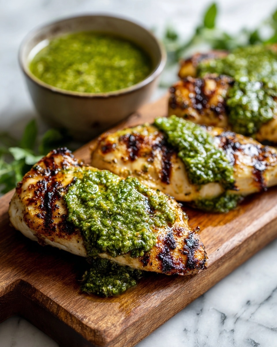 The image shows three pieces of grilled chicken topped with a bright green pesto sauce, placed on a wooden cutting board. Each chicken piece has clear dark grill marks and a golden, slightly charred surface, with the pesto sauce thick and textured, spread unevenly on top. A small bowl filled with more of the green pesto sauce sits in the upper left corner of the board. There are green herbs slightly out of focus in the background, all set on a white marbled texture. photo taken with an iphone --ar 4:5 --v 7