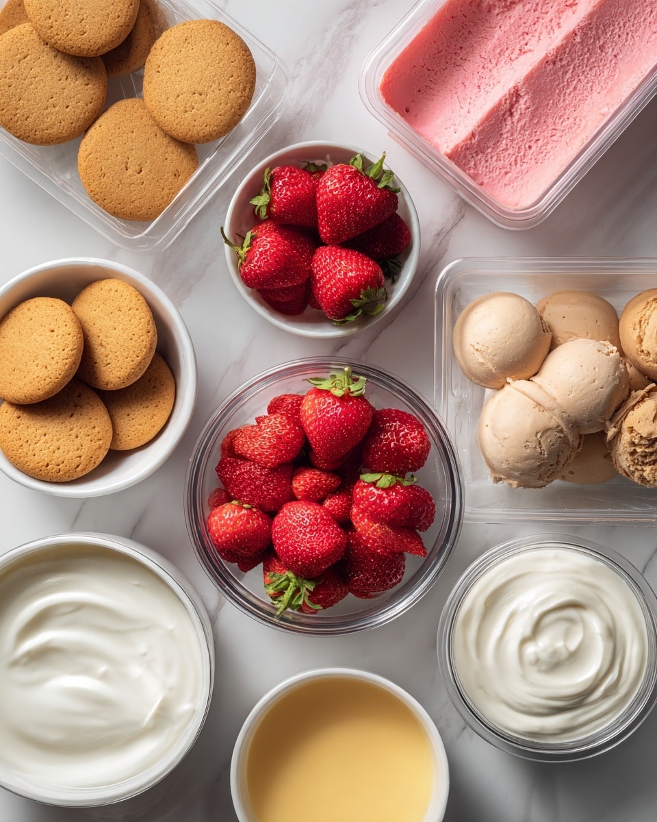 The image shows an arrangement of bowls and containers on a white marbled surface. There are two white bowls filled with round cookies, one on the left side and the other near the center right, along with a smaller glass bowl full of whole red strawberries in the center. Above the glass bowl are more red strawberries in a white bowl. To the upper right, there are two plastic containers filled with creamy ice cream, one is pink and the other is coffee-colored. Next to the bowl of cookies on the left, there is another white bowl with a yellow liquid, and below it is a round white container with smooth white cream or yogurt. photo taken with an iphone --ar 4:5 --v 7