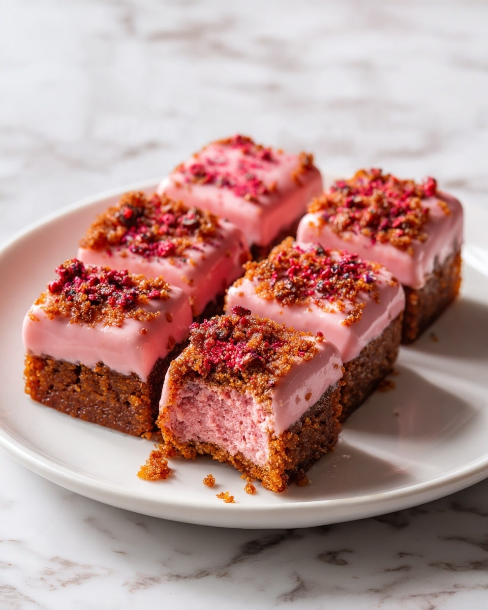 The image shows four rectangular pink cakes on a white plate, each covered with a crumbly brown topping that has some red specks. One cake in the front has a bite taken out, revealing a soft, moist pink inside. The cakes have a smooth texture under the crumbly layer, and the plate is placed on a white marbled surface. Photo taken with an iphone --ar 4:5 --v 7