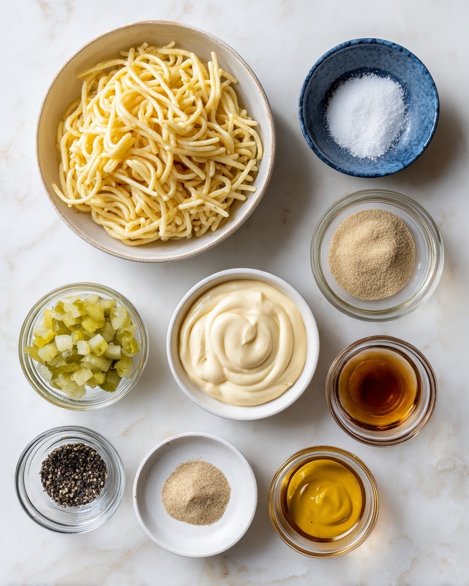 The image shows eight bowls arranged on a white marbled surface. The largest bowl on the left holds twisted, uncooked pasta in a light yellow color with a smooth texture. Next to it are medium-sized white bowl filled with creamy, smooth mayonnaise swirled evenly and a small blue bowl with white granulated sugar. To the right, there are five small glass bowls arranged in a grid: one with diced green pickles, one with light brown powder, one with black and white ground pepper, one with a thin amber liquid, and one with smooth mustard in a mustard yellow shade. A small white plate holds white salt piled beside black ground pepper. The whole setup is clean and bright, photo taken with an iphone --ar 4:5 --v 7