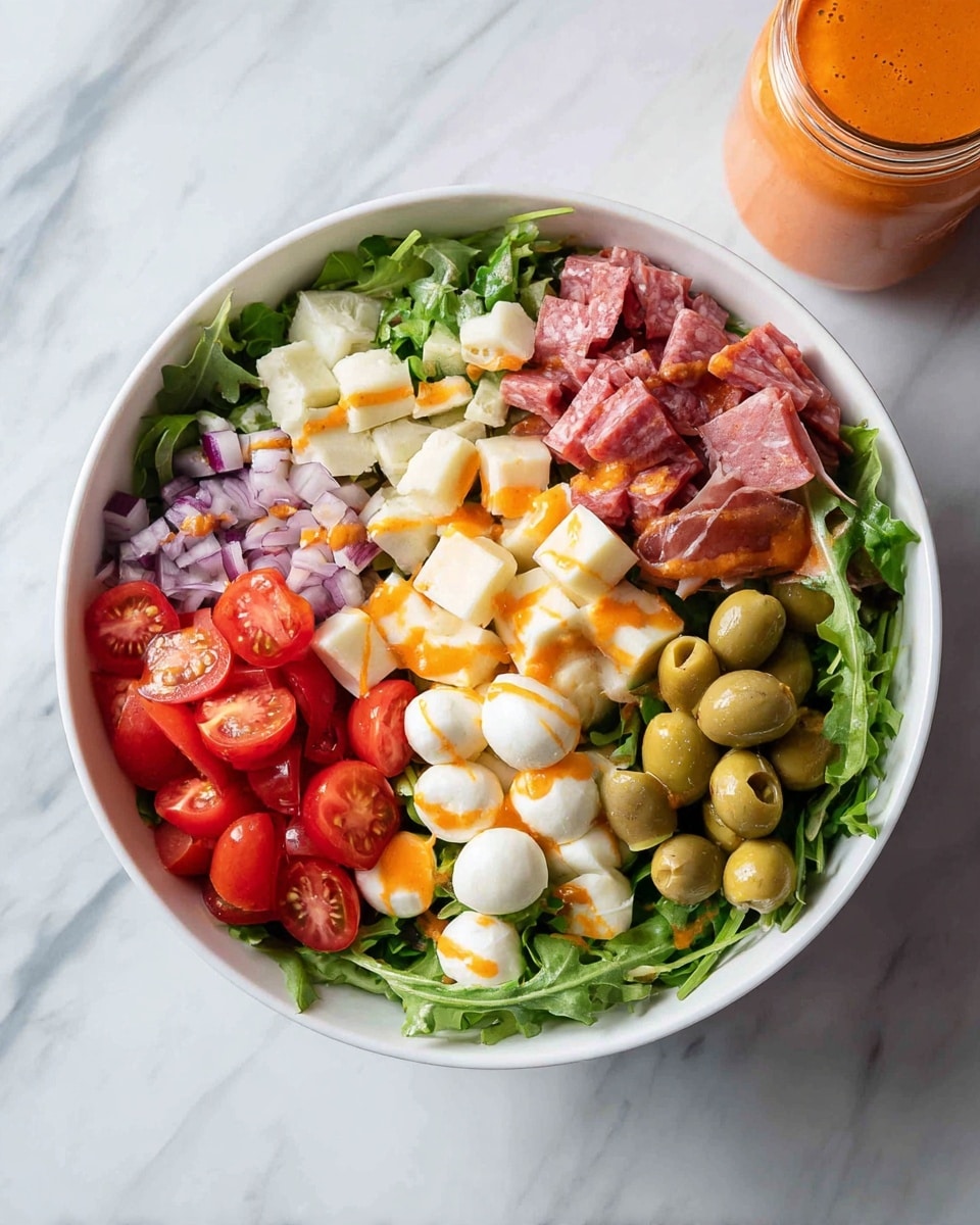 A large white bowl filled with a colorful layered salad on a white marbled surface. The bottom layer is fresh green leafy lettuce and arugula, topped with six sections: bright red cherry tomato halves at the bottom left, small cubes of pink salami above them, creamy off-white artichoke hearts to the center left, small white mozzarella balls scattered in the middle with an orange dressing drizzled on top, light brown thin slices of prosciutto spread over the top right, and light green pitted green olives at the top right corner. A jar with orange-red dressing sits near the bowl on the right side. photo taken with an iphone --ar 4:5 --v 7